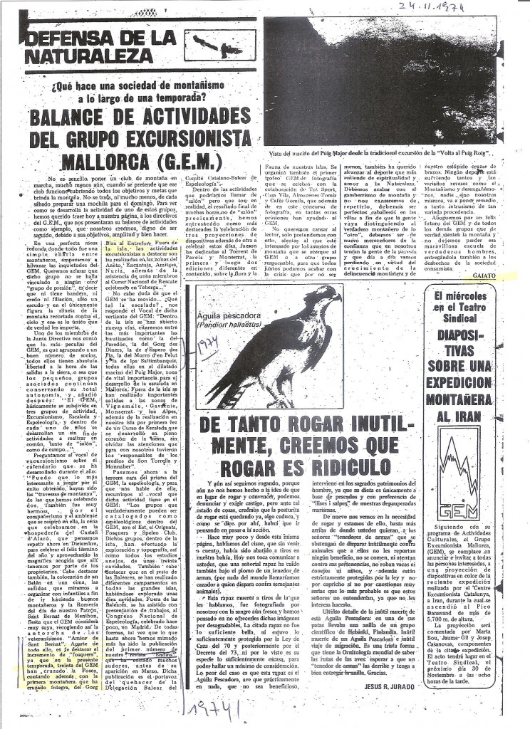 Pàgina DM sobre activitats del Gem l'any 1974